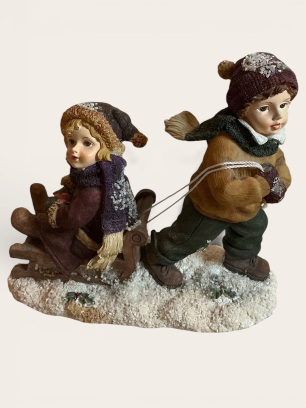 Vintage Winter Sledding Children Figurine Christmas Resin Cottagecore Decor